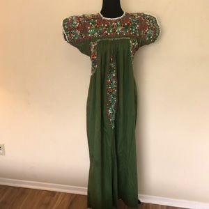 Unique vintage army green Mexican embroidered maxi dress